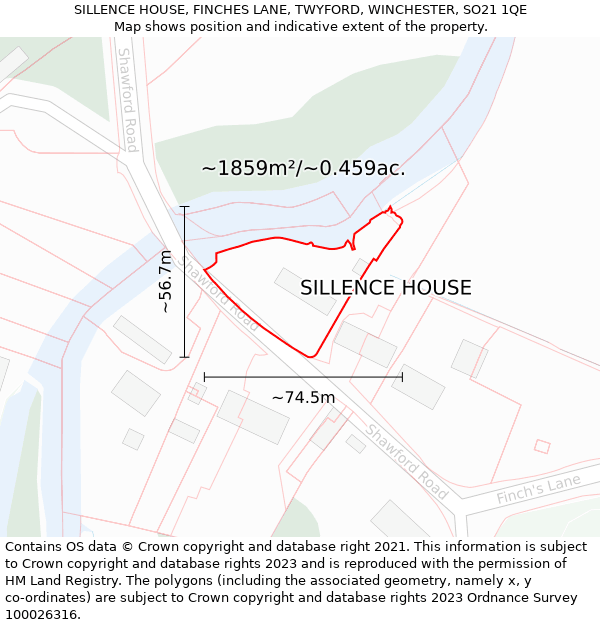 SILLENCE HOUSE, FINCHES LANE, TWYFORD, WINCHESTER, SO21 1QE: Plot and title map