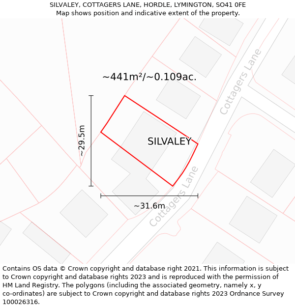SILVALEY, COTTAGERS LANE, HORDLE, LYMINGTON, SO41 0FE: Plot and title map