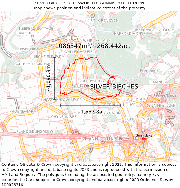 SILVER BIRCHES, CHILSWORTHY, GUNNISLAKE, PL18 9PB: Plot and title map