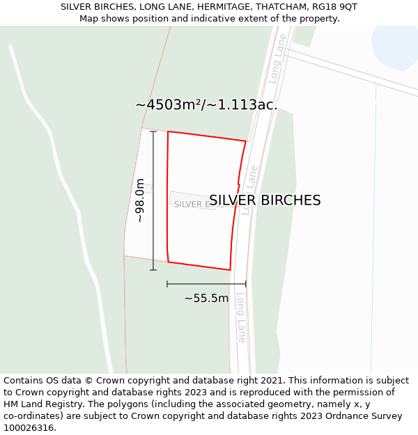 SILVER BIRCHES, LONG LANE, HERMITAGE, THATCHAM, RG18 9QT: Plot and title map