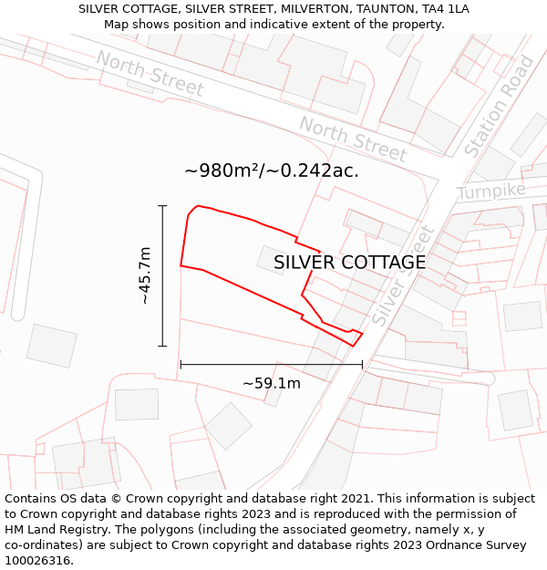 SILVER COTTAGE, SILVER STREET, MILVERTON, TAUNTON, TA4 1LA: Plot and title map