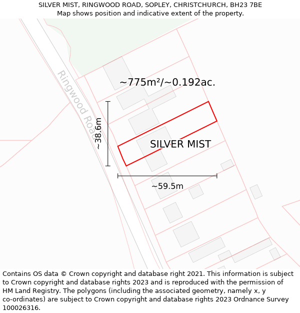 SILVER MIST, RINGWOOD ROAD, SOPLEY, CHRISTCHURCH, BH23 7BE: Plot and title map