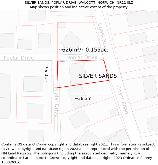 SILVER SANDS, POPLAR DRIVE, WALCOTT, NORWICH, NR12 0LZ: Plot and title map