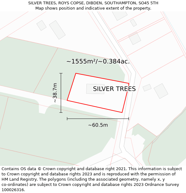 SILVER TREES, ROYS COPSE, DIBDEN, SOUTHAMPTON, SO45 5TH: Plot and title map