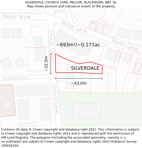 SILVERDALE, CHURCH LANE, MELLOR, BLACKBURN, BB2 7JL: Plot and title map