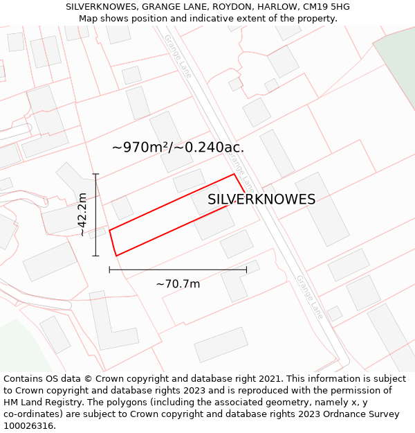 SILVERKNOWES, GRANGE LANE, ROYDON, HARLOW, CM19 5HG: Plot and title map