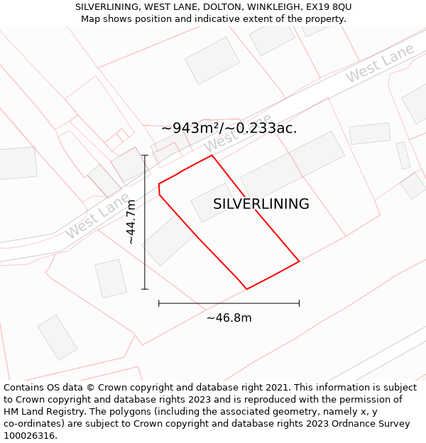 SILVERLINING, WEST LANE, DOLTON, WINKLEIGH, EX19 8QU: Plot and title map