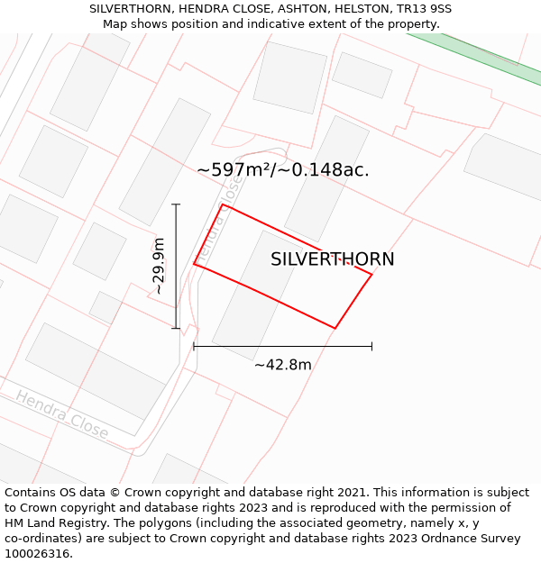 SILVERTHORN, HENDRA CLOSE, ASHTON, HELSTON, TR13 9SS: Plot and title map