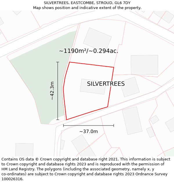 SILVERTREES, EASTCOMBE, STROUD, GL6 7DY: Plot and title map