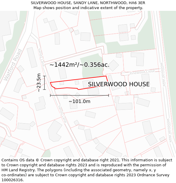 SILVERWOOD HOUSE, SANDY LANE, NORTHWOOD, HA6 3ER: Plot and title map