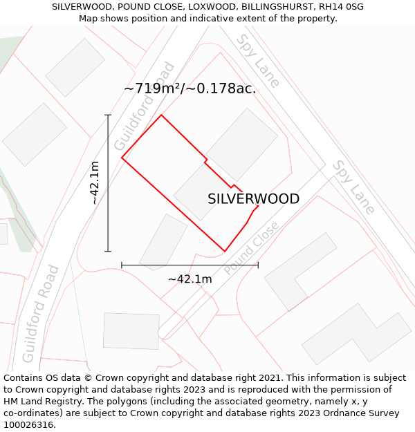 SILVERWOOD, POUND CLOSE, LOXWOOD, BILLINGSHURST, RH14 0SG: Plot and title map