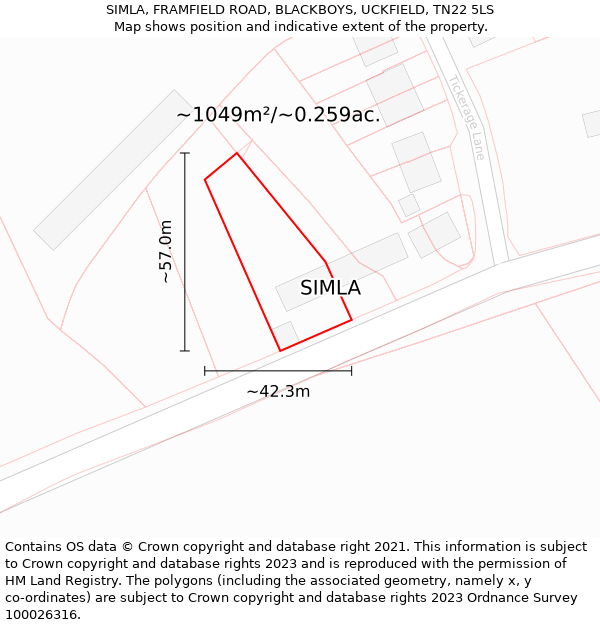 SIMLA, FRAMFIELD ROAD, BLACKBOYS, UCKFIELD, TN22 5LS: Plot and title map