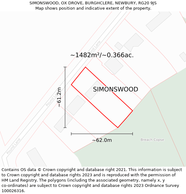 SIMONSWOOD, OX DROVE, BURGHCLERE, NEWBURY, RG20 9JS: Plot and title map