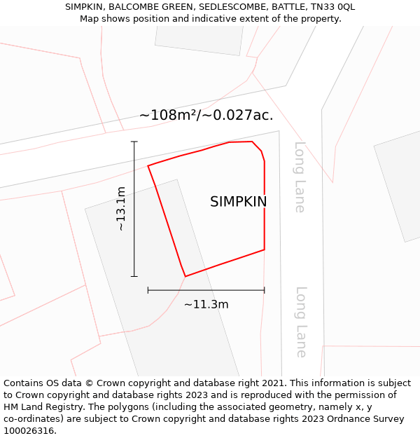 SIMPKIN, BALCOMBE GREEN, SEDLESCOMBE, BATTLE, TN33 0QL: Plot and title map