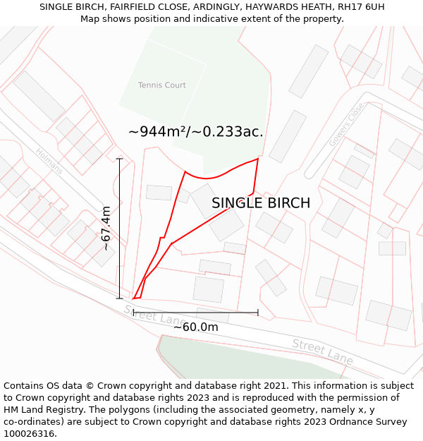 SINGLE BIRCH, FAIRFIELD CLOSE, ARDINGLY, HAYWARDS HEATH, RH17 6UH: Plot and title map