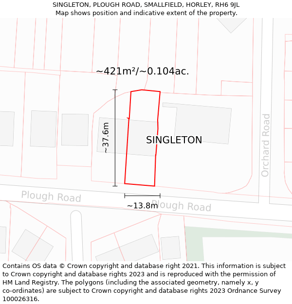 SINGLETON, PLOUGH ROAD, SMALLFIELD, HORLEY, RH6 9JL: Plot and title map