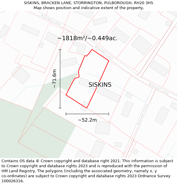 SISKINS, BRACKEN LANE, STORRINGTON, PULBOROUGH, RH20 3HS: Plot and title map