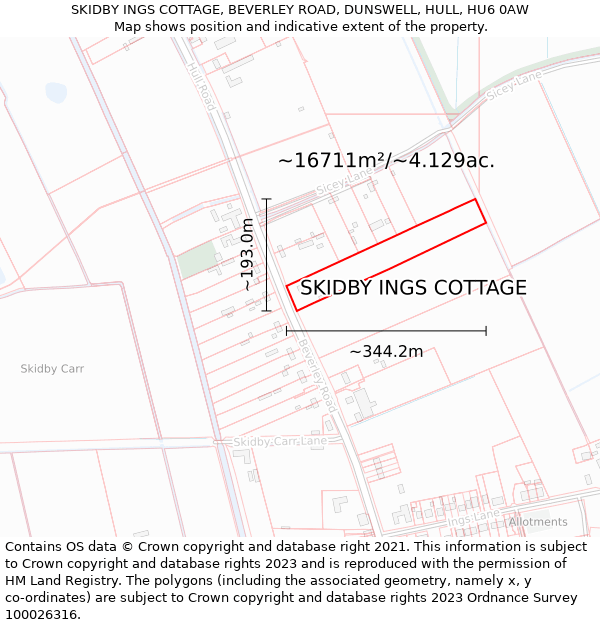 SKIDBY INGS COTTAGE, BEVERLEY ROAD, DUNSWELL, HULL, HU6 0AW: Plot and title map