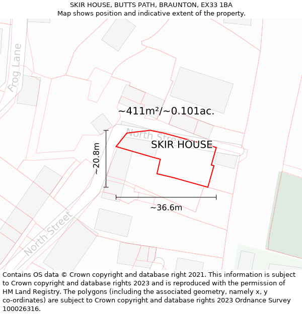 SKIR HOUSE, BUTTS PATH, BRAUNTON, EX33 1BA: Plot and title map