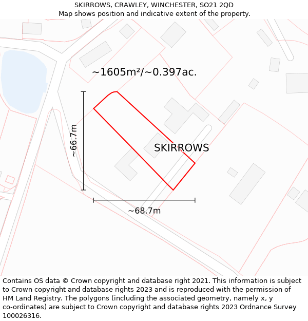 SKIRROWS, CRAWLEY, WINCHESTER, SO21 2QD: Plot and title map