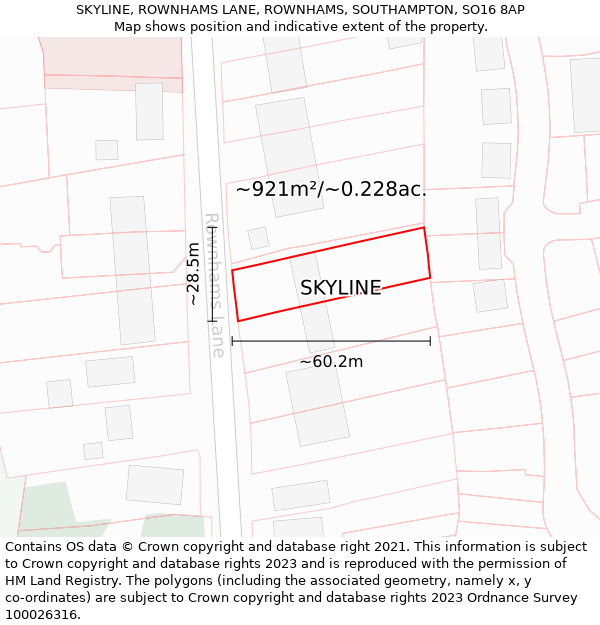 SKYLINE, ROWNHAMS LANE, ROWNHAMS, SOUTHAMPTON, SO16 8AP: Plot and title map