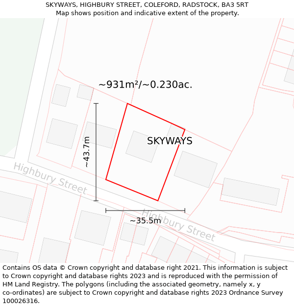 SKYWAYS, HIGHBURY STREET, COLEFORD, RADSTOCK, BA3 5RT: Plot and title map