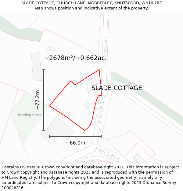 SLADE COTTAGE, CHURCH LANE, MOBBERLEY, KNUTSFORD, WA16 7RE: Plot and title map