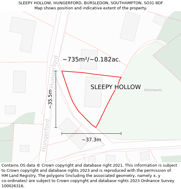 SLEEPY HOLLOW, HUNGERFORD, BURSLEDON, SOUTHAMPTON, SO31 8DF: Plot and title map