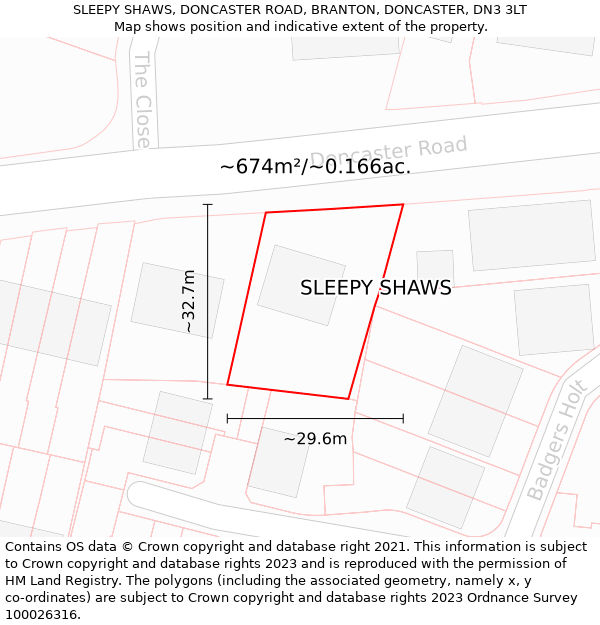 SLEEPY SHAWS, DONCASTER ROAD, BRANTON, DONCASTER, DN3 3LT: Plot and title map