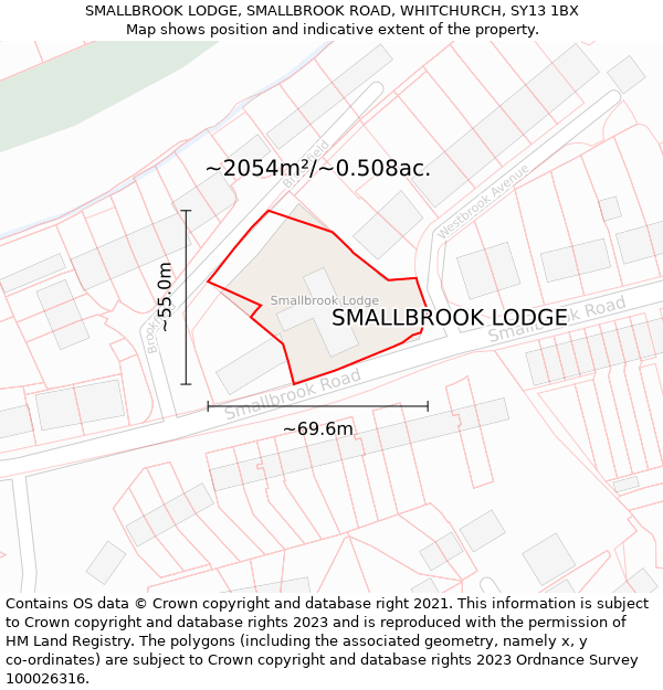 SMALLBROOK LODGE, SMALLBROOK ROAD, WHITCHURCH, SY13 1BX: Plot and title map