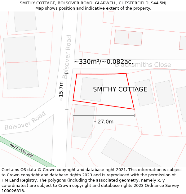 SMITHY COTTAGE, BOLSOVER ROAD, GLAPWELL, CHESTERFIELD, S44 5NJ: Plot and title map