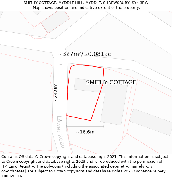 SMITHY COTTAGE, MYDDLE HILL, MYDDLE, SHREWSBURY, SY4 3RW: Plot and title map