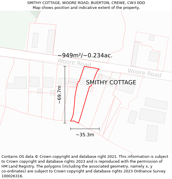 SMITHY COTTAGE, WOORE ROAD, BUERTON, CREWE, CW3 0DD: Plot and title map