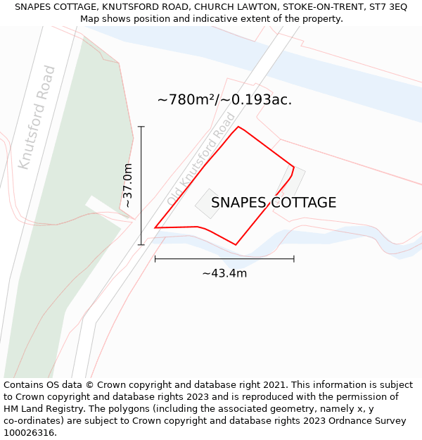 SNAPES COTTAGE, KNUTSFORD ROAD, CHURCH LAWTON, STOKE-ON-TRENT, ST7 3EQ: Plot and title map