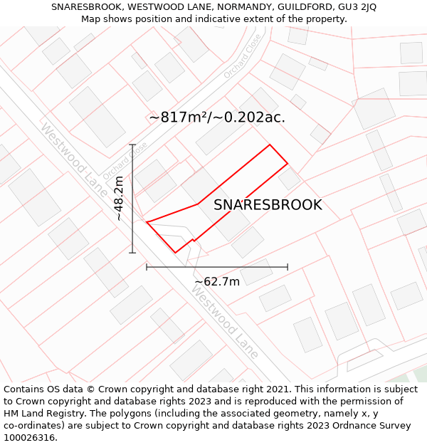 SNARESBROOK, WESTWOOD LANE, NORMANDY, GUILDFORD, GU3 2JQ: Plot and title map