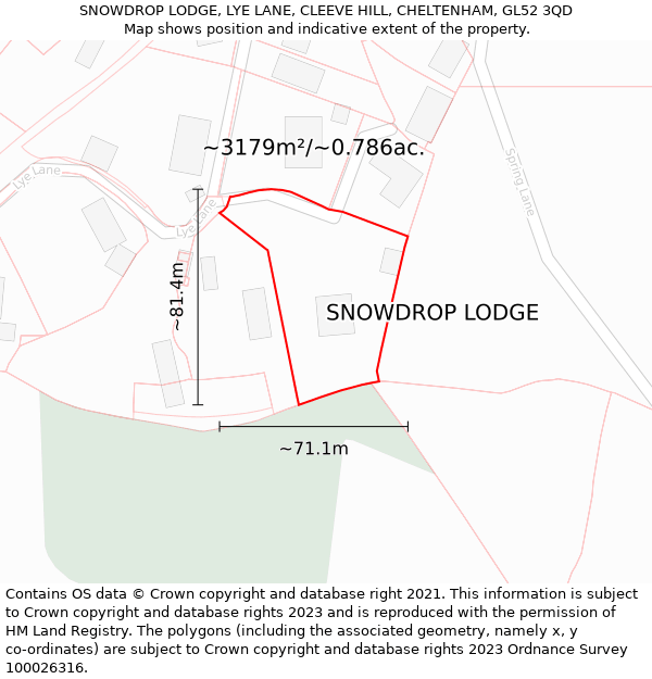 SNOWDROP LODGE, LYE LANE, CLEEVE HILL, CHELTENHAM, GL52 3QD: Plot and title map