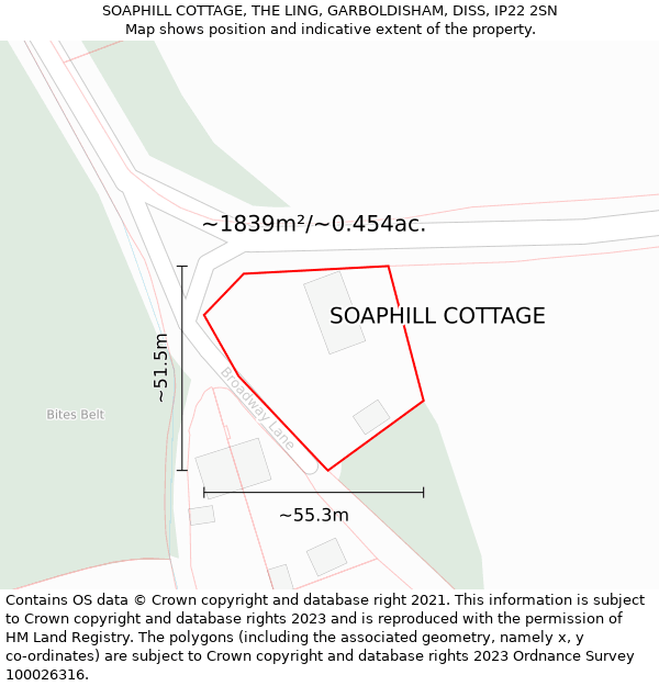 SOAPHILL COTTAGE, THE LING, GARBOLDISHAM, DISS, IP22 2SN: Plot and title map