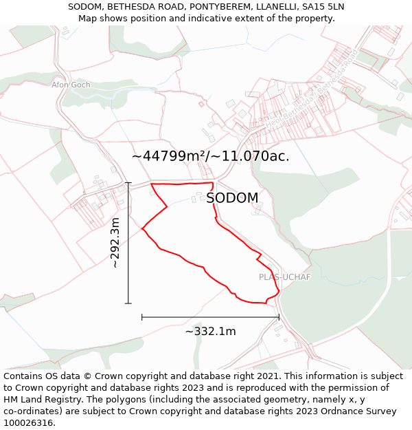 SODOM, BETHESDA ROAD, PONTYBEREM, LLANELLI, SA15 5LN: Plot and title map