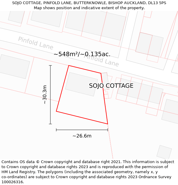 SOJO COTTAGE, PINFOLD LANE, BUTTERKNOWLE, BISHOP AUCKLAND, DL13 5PS: Plot and title map