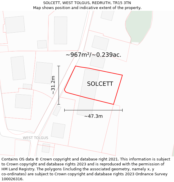 SOLCETT, WEST TOLGUS, REDRUTH, TR15 3TN: Plot and title map
