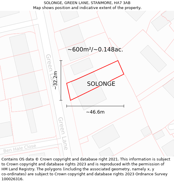 SOLONGE, GREEN LANE, STANMORE, HA7 3AB: Plot and title map
