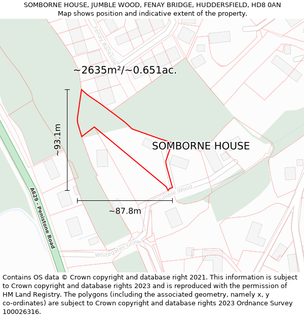 SOMBORNE HOUSE, JUMBLE WOOD, FENAY BRIDGE, HUDDERSFIELD, HD8 0AN: Plot and title map