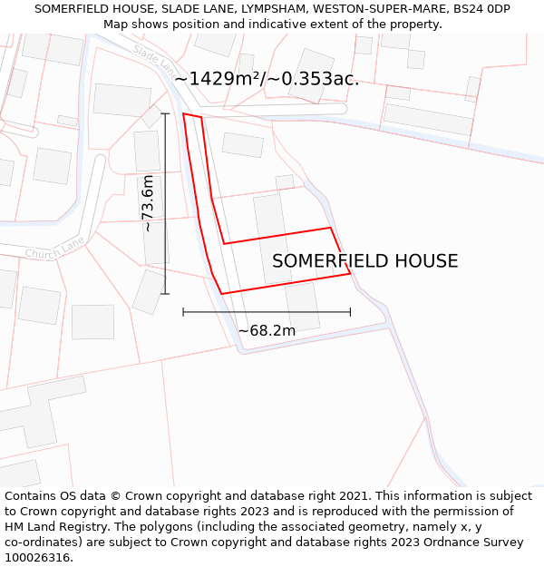 SOMERFIELD HOUSE, SLADE LANE, LYMPSHAM, WESTON-SUPER-MARE, BS24 0DP: Plot and title map