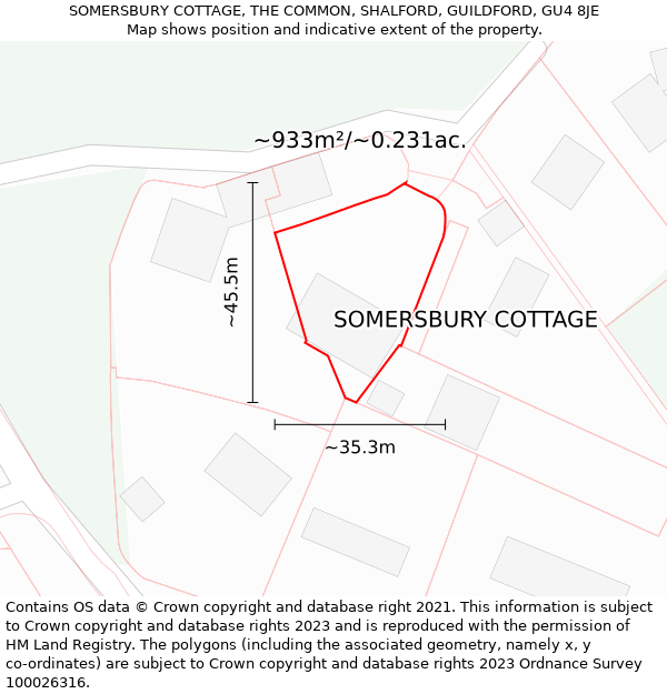 SOMERSBURY COTTAGE, THE COMMON, SHALFORD, GUILDFORD, GU4 8JE: Plot and title map