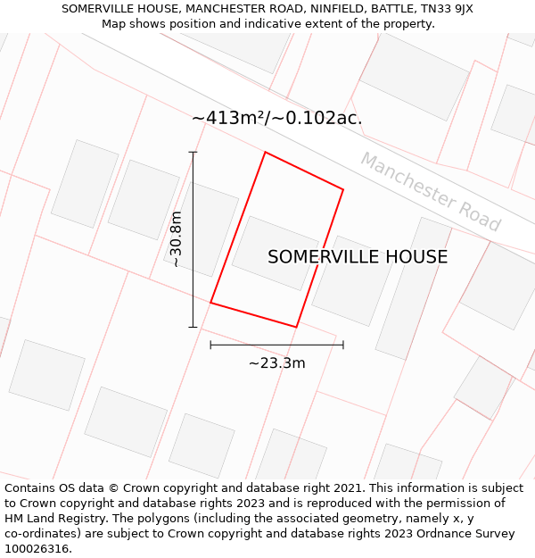 SOMERVILLE HOUSE, MANCHESTER ROAD, NINFIELD, BATTLE, TN33 9JX: Plot and title map