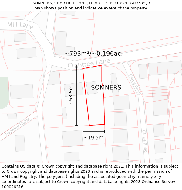 SOMNERS, CRABTREE LANE, HEADLEY, BORDON, GU35 8QB: Plot and title map