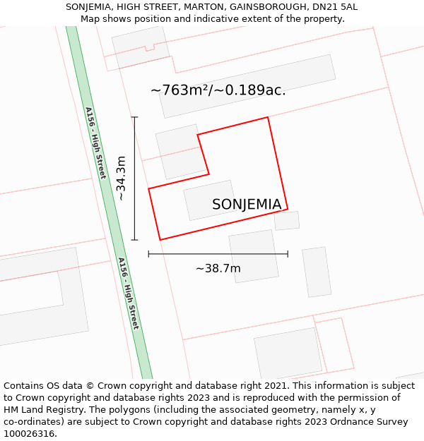 SONJEMIA, HIGH STREET, MARTON, GAINSBOROUGH, DN21 5AL: Plot and title map