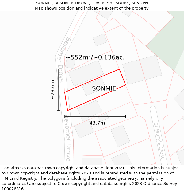 SONMIE, BESOMER DROVE, LOVER, SALISBURY, SP5 2PN: Plot and title map