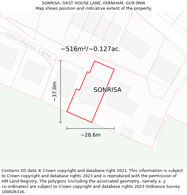 SONRISA, OAST HOUSE LANE, FARNHAM, GU9 0NW: Plot and title map