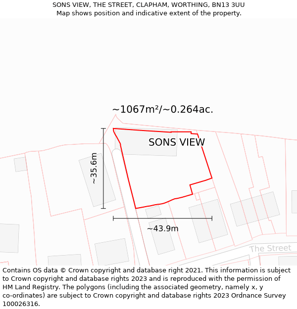 SONS VIEW, THE STREET, CLAPHAM, WORTHING, BN13 3UU: Plot and title map